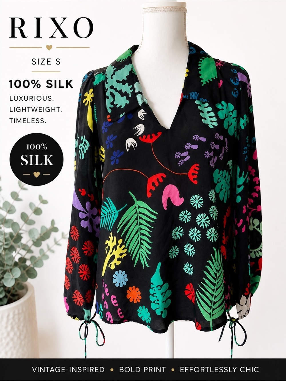 RIXO 100% silk  Floral Blouse Black
Multicolor Statement Top Boho Luxe Size S